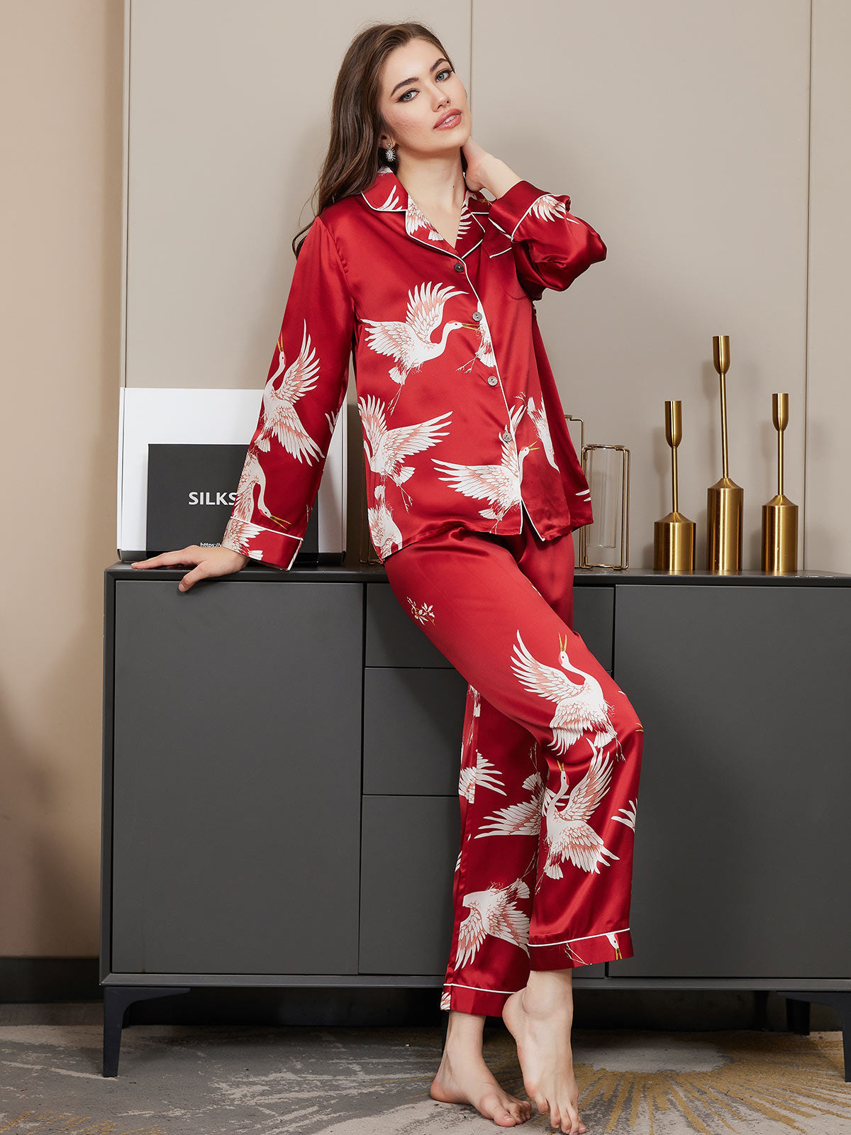 [Mörkröd] SilkSilky-SE Long Sleeve Lapel Collar Dam Pyjama 002