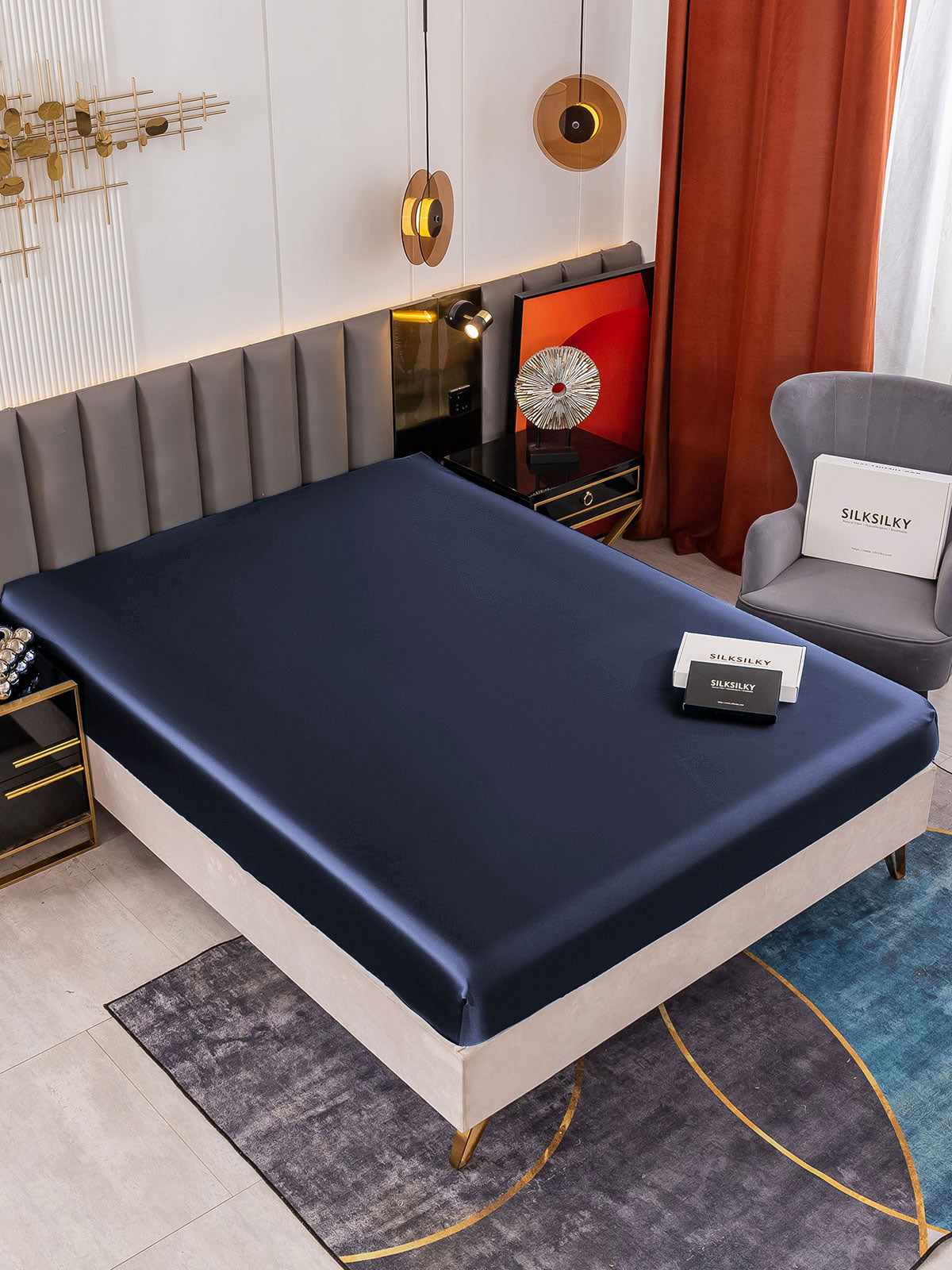 [Mörkblå] SilkSilky-SE 22Momme Rent Silke Sheet 002,