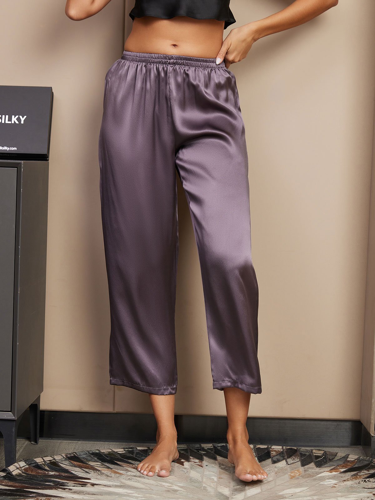 [Lila Grå] SilkSilky-SE Rent Silke Womens Sleep Bottoms 001
