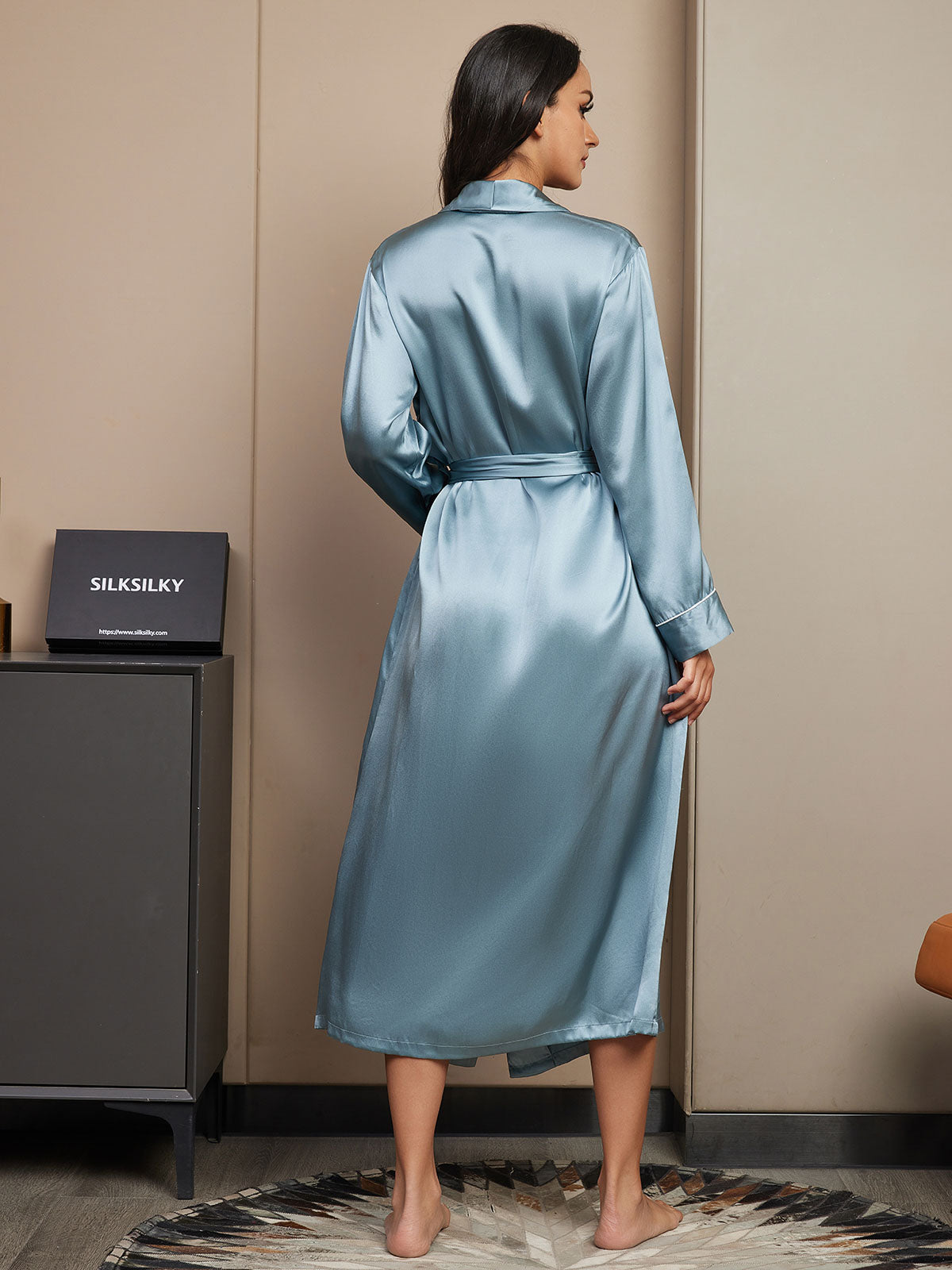 [Gråblå] SilkSilky-SE 19Momme Rent Silke Womens Robe 002,