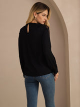 [Svart] SilkSilky-SE Long Sleeve Keyhole Neck Damblusar 002