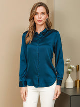 [Kungsblått] SilkSilky-SE Long Sleeve Lapel Collar Damskjorta 001