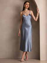 [Gråblå] SilkSilky-SE Spaghetti Strap V Neck Klänning 001