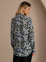[Teal Leopard] SilkSilky-SE Long Sleeve Lapel Collar Blus 002