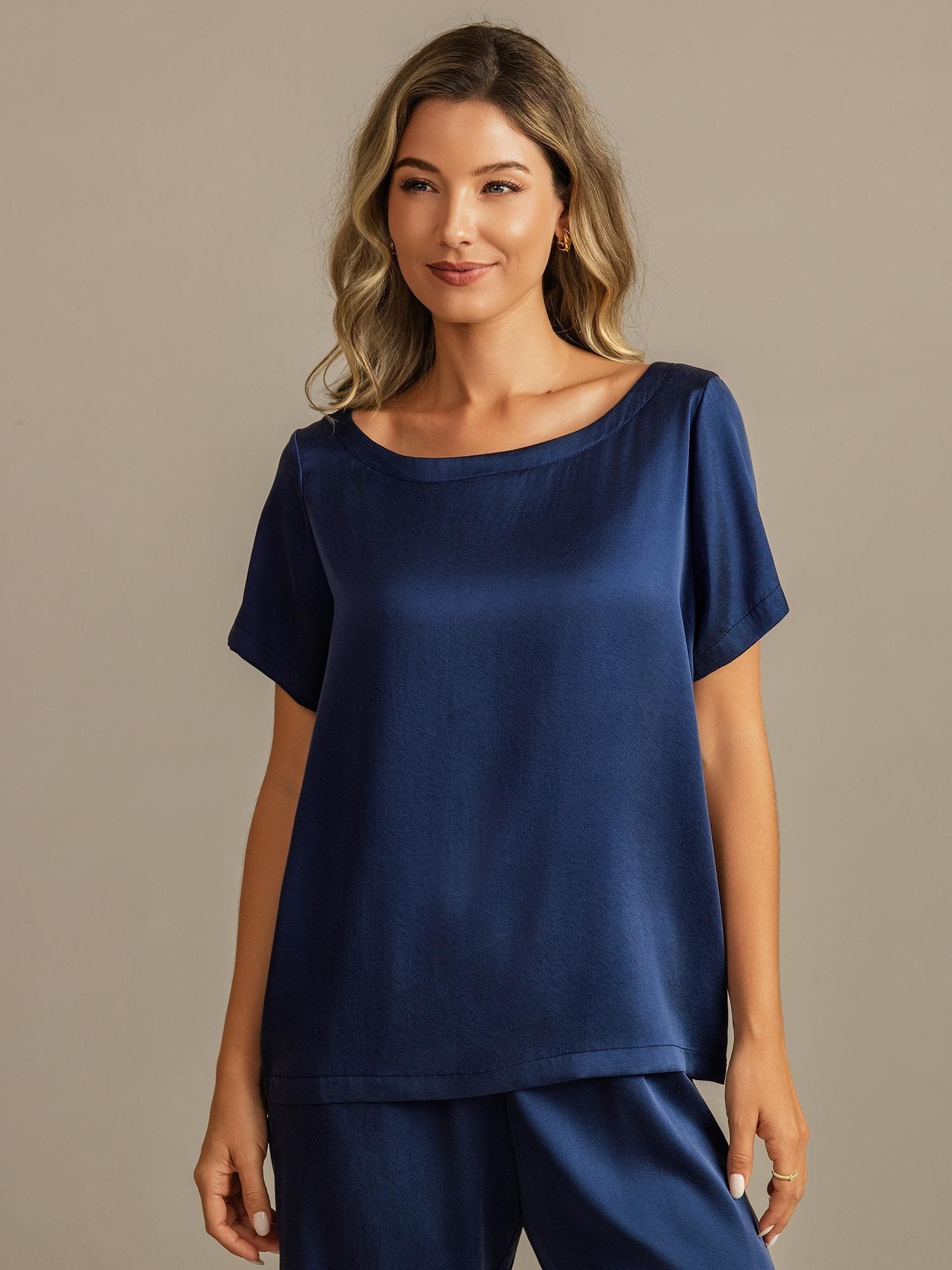 [Mörkblå] SilkSilky-SE 19Momme Silke Womens Pajamas 007