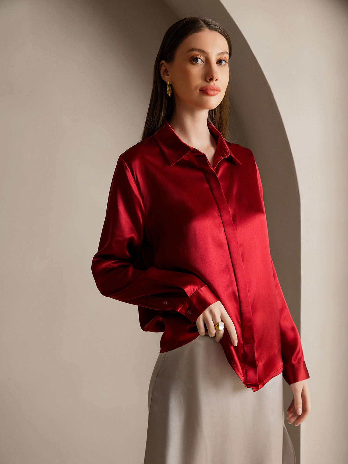 [Vin] SilkSilky-SE 19Momme Silke Lapel Collar Damskjorta 003