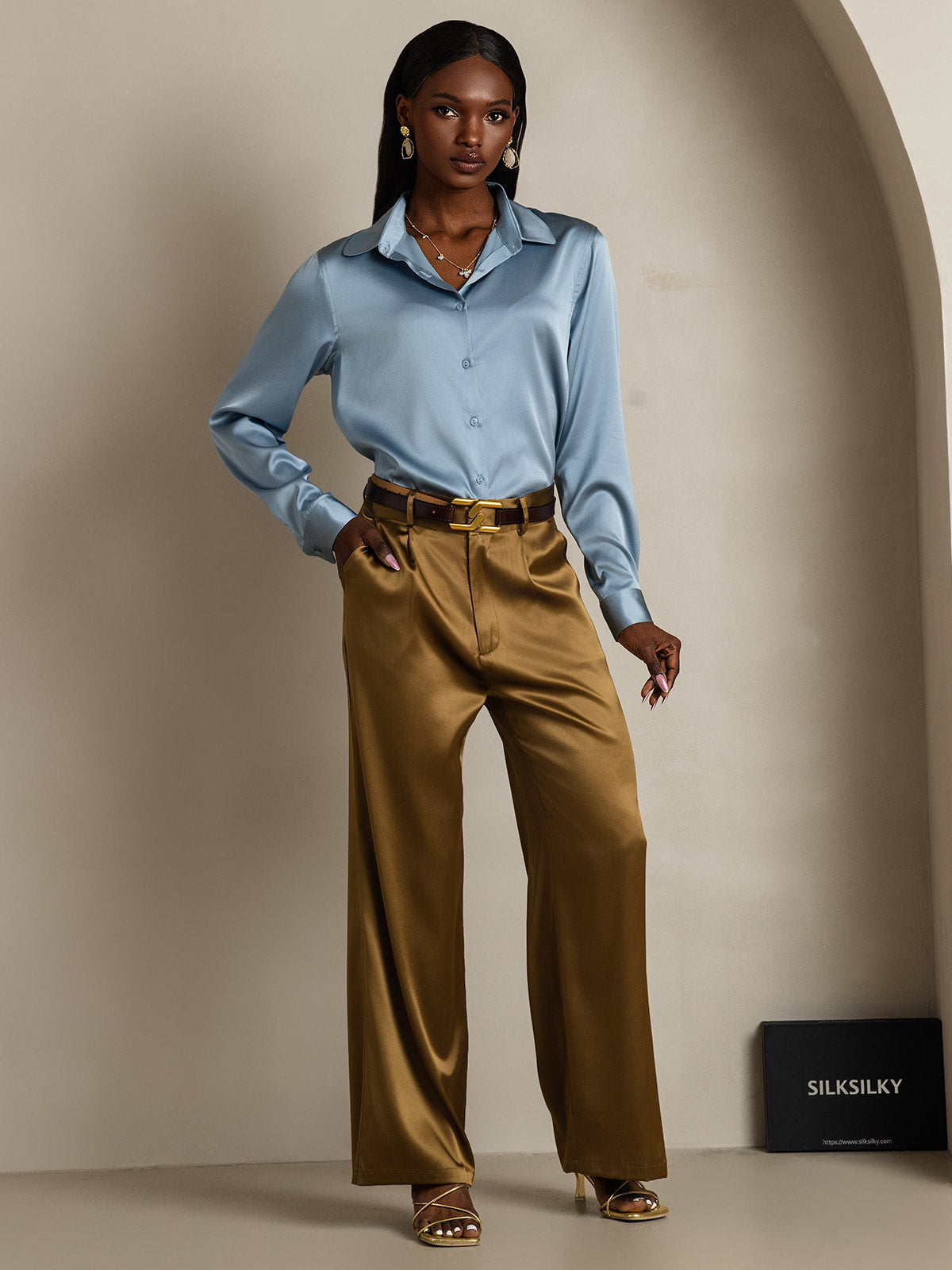 [Gråblå] SilkSilky-SE Silke Lång Ärm Krage Damskjorta 007