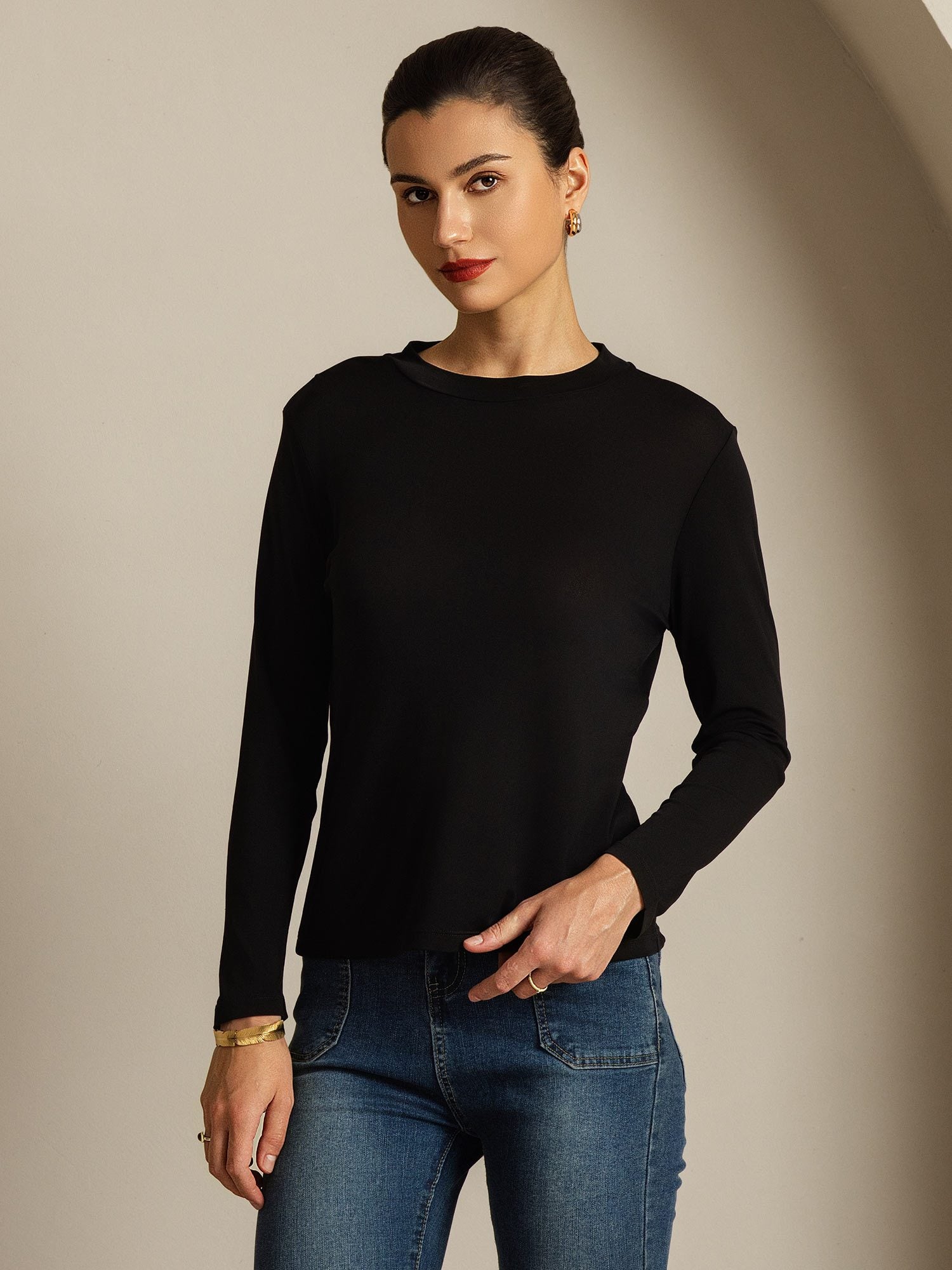 [Svart] SilkSilky-SE Rent Silke Womens T-Shirt 008