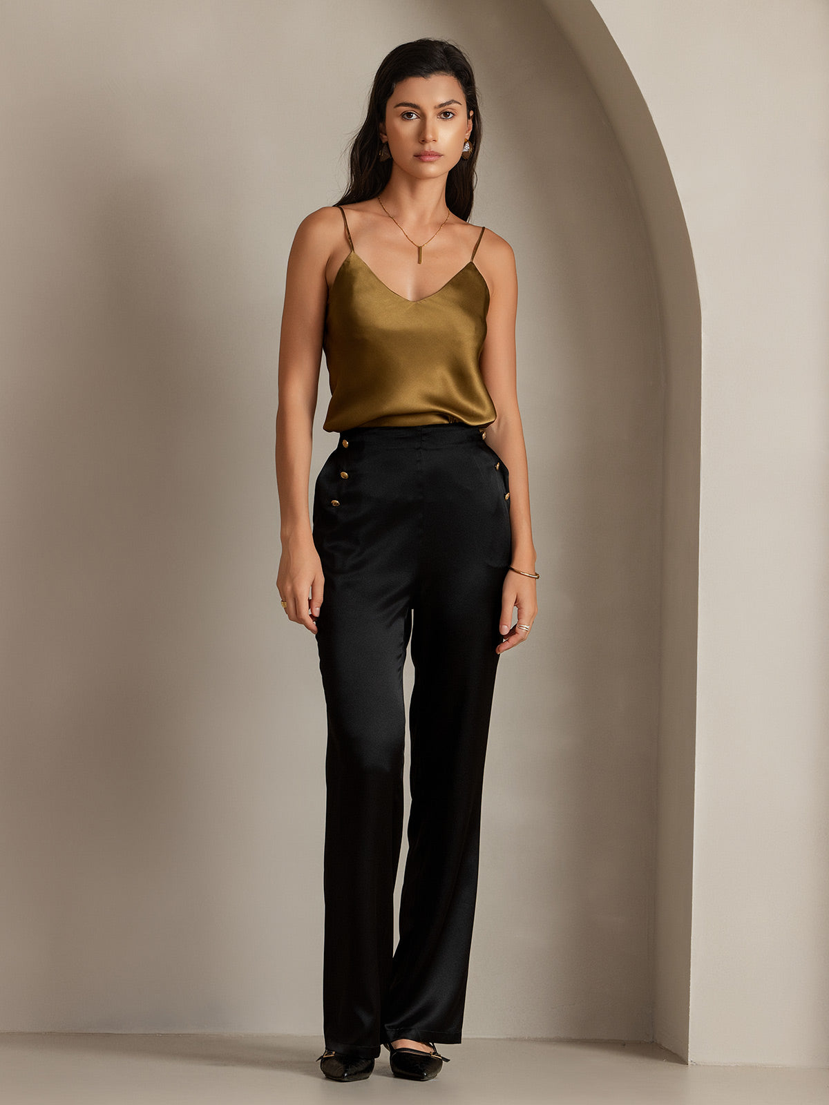 [Svart] SilkSilky-SE 19Momme Silke Womens Pants 005
