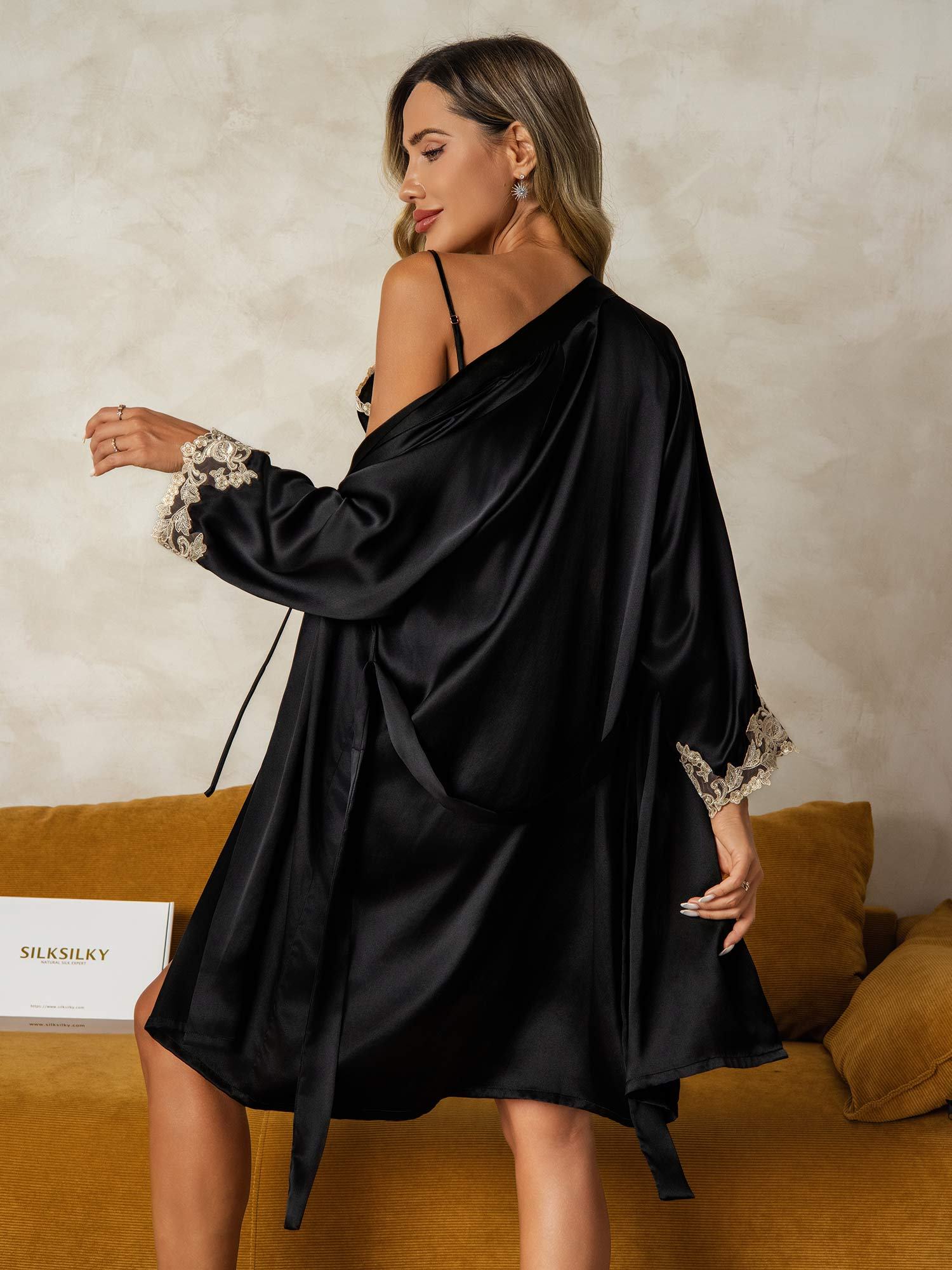 [Svart] SilkSilky-SE Rent Silke Nightgown&Robe Set 002