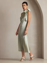 [Ljusgrön] SilkSilky-SE 19Momme Stretch Silk Charmeuse Sleeveless Halter Klänning 006