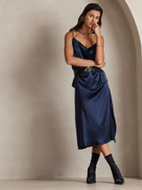 [Mörkblå] SilkSilky-SE Spaghetti Strap Cowl Neck Cami Toppar 005