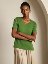 [Grön] SilkSilky-SE Short Sleeve V Neck Dam T-Shirt 007