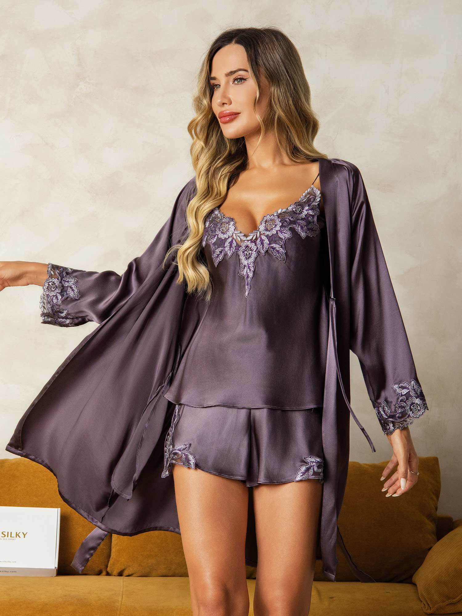 [LilaGrå] SilkSilky-SE Rent Silke Nightgown&Robe Set 001