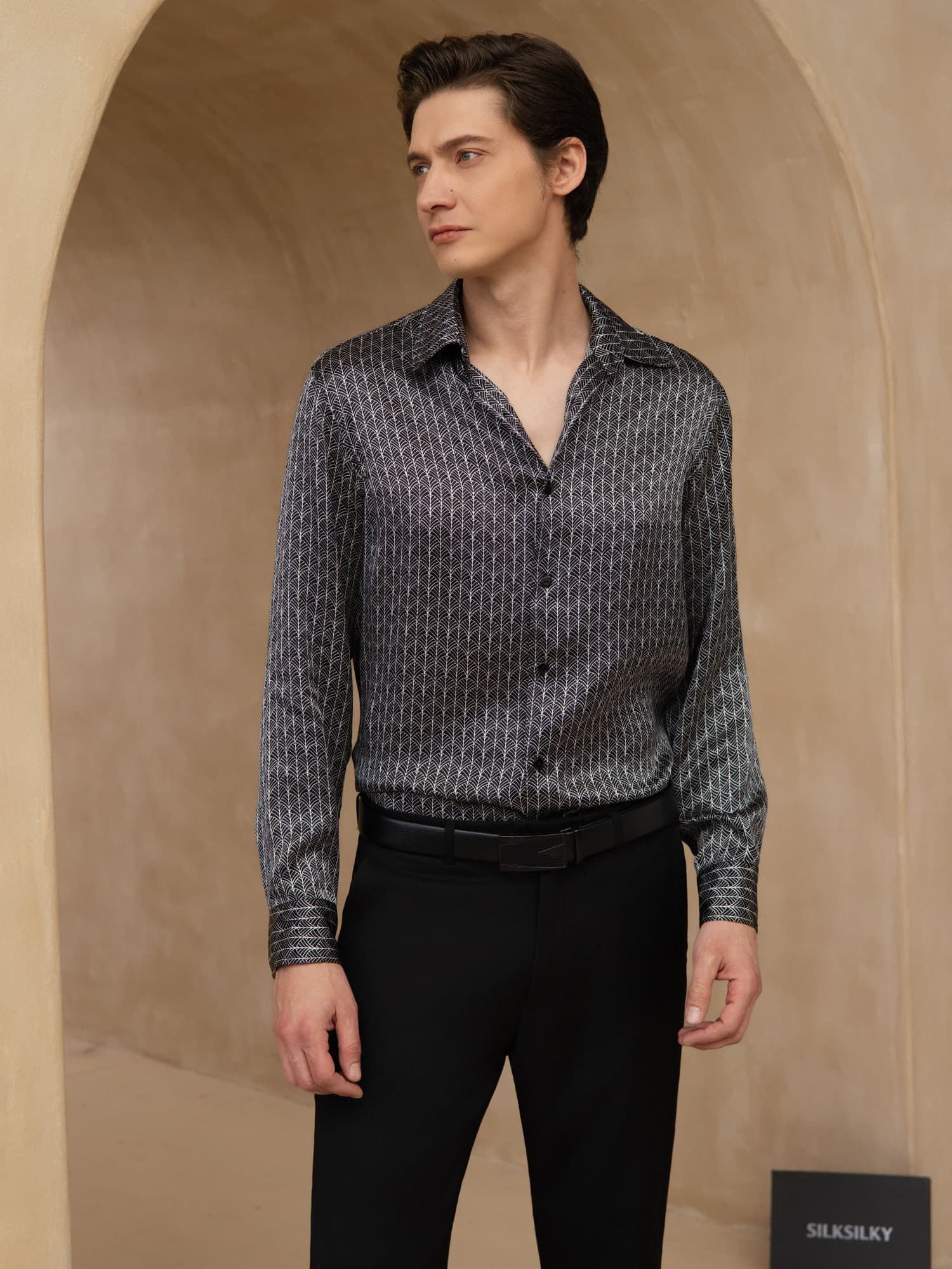 [Svart Ginkgo] SilkSilky-SE Lång Ärm Slagkrage Herrskjorta 005