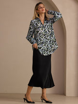 [Teal Leopard] SilkSilky-SE Long Sleeve Lapel Collar Blus 006