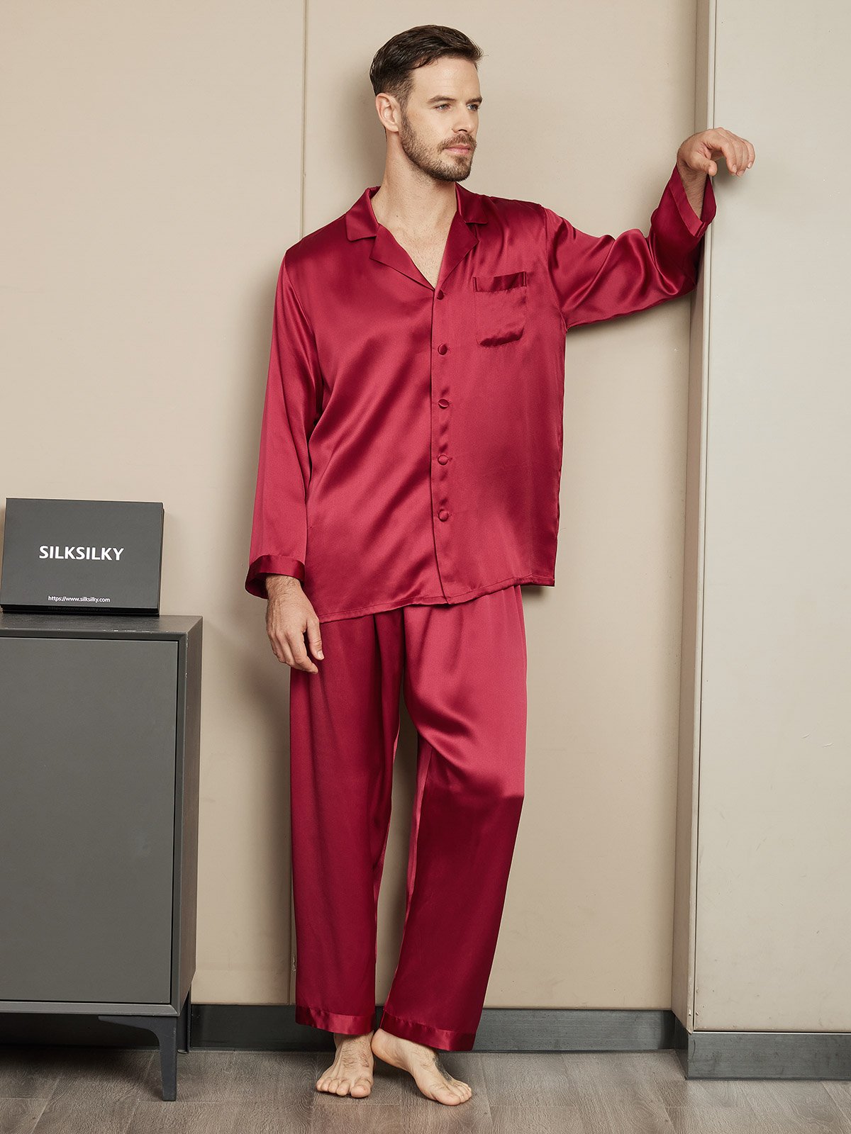 SilkSilky SE Rent Silke Lång Ärm Mens Pajamas Vin 004