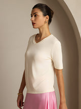 [Beige] SilkSilky-SE Kort Ärm V Ringning Dam T-Shirt 006