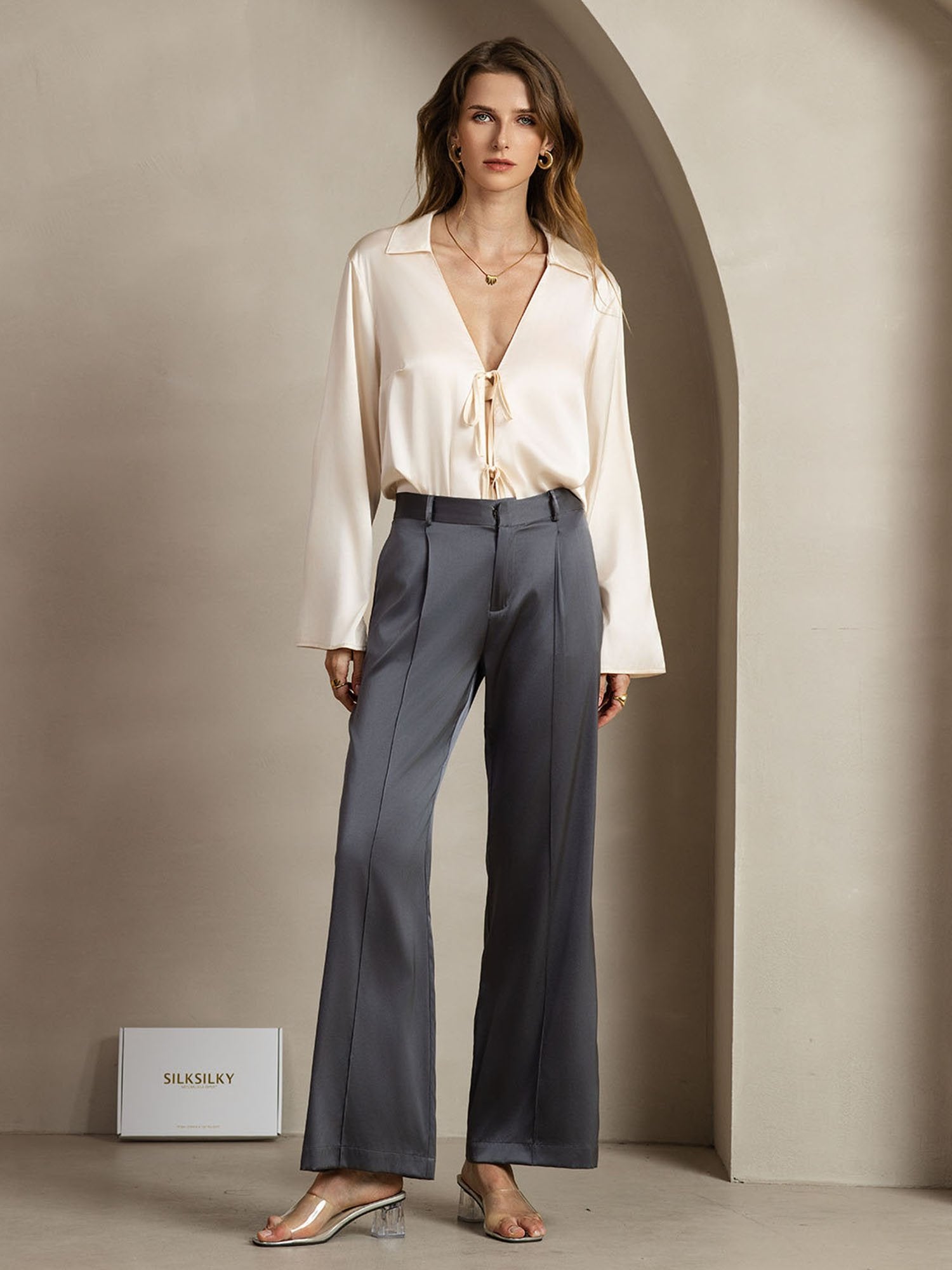 [Mörkgrå] SilkSilky-SE 19Momme Silke Womens Pants 003