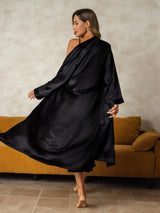 [Svart] SilkSilky-SE Long Sleeve V Neck Dam Nattlinne&Morgonrock Set 002
