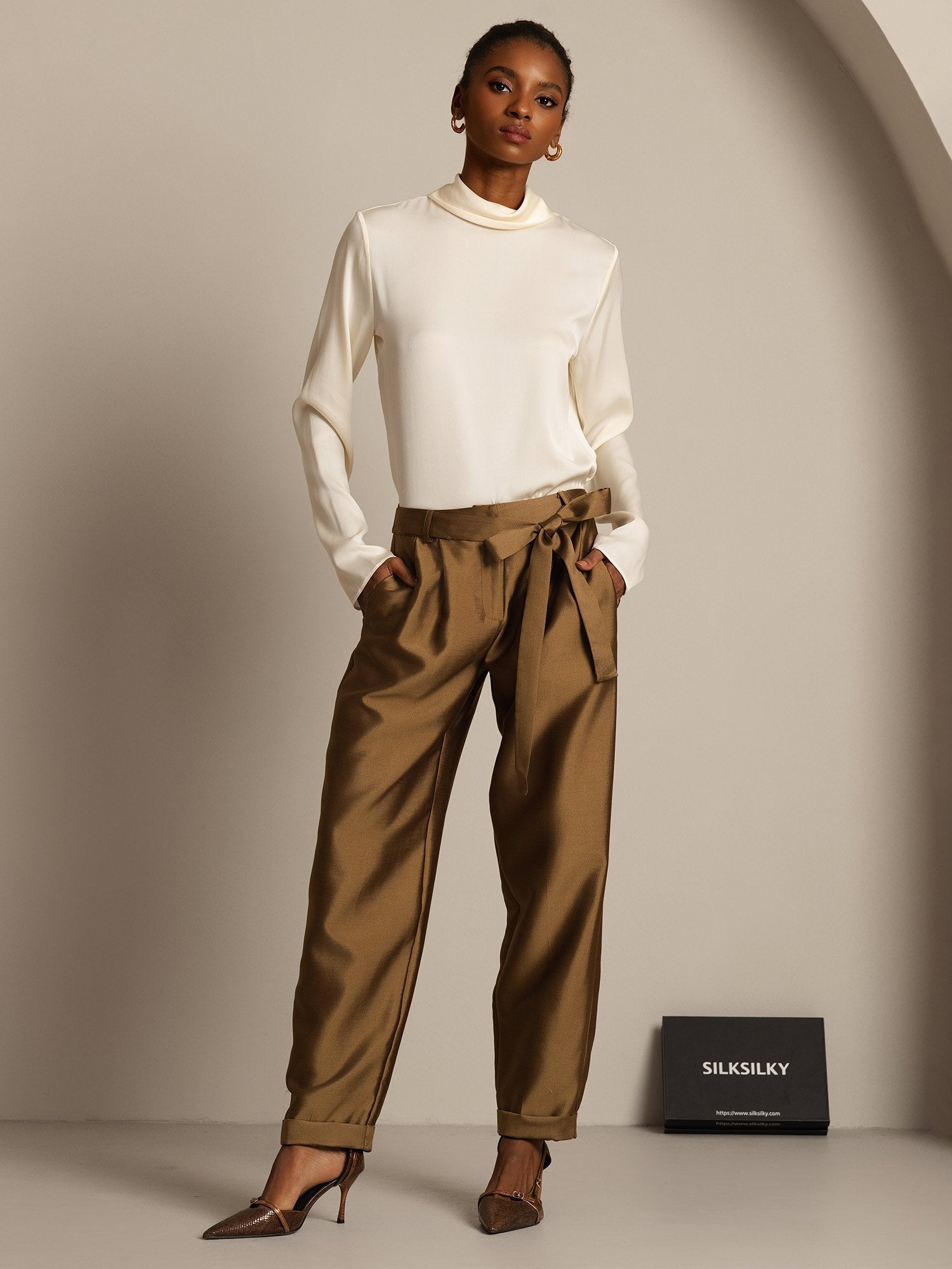 [Brons] SilkSilky-SE 32Momme Silk-Wool Blend Womens Pants 003,