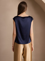 [Mörkblå] SilkSilky-SE Kappärm Cowl Neck Dam T-Shirt 002