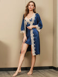 SilkSilky SE Rent Silke 3/4 Ärm Nightgown&Robe Set Blå 002