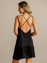 [Svart] SilkSilky-SE Spaghetti Strap V Neck Nattlinne 002