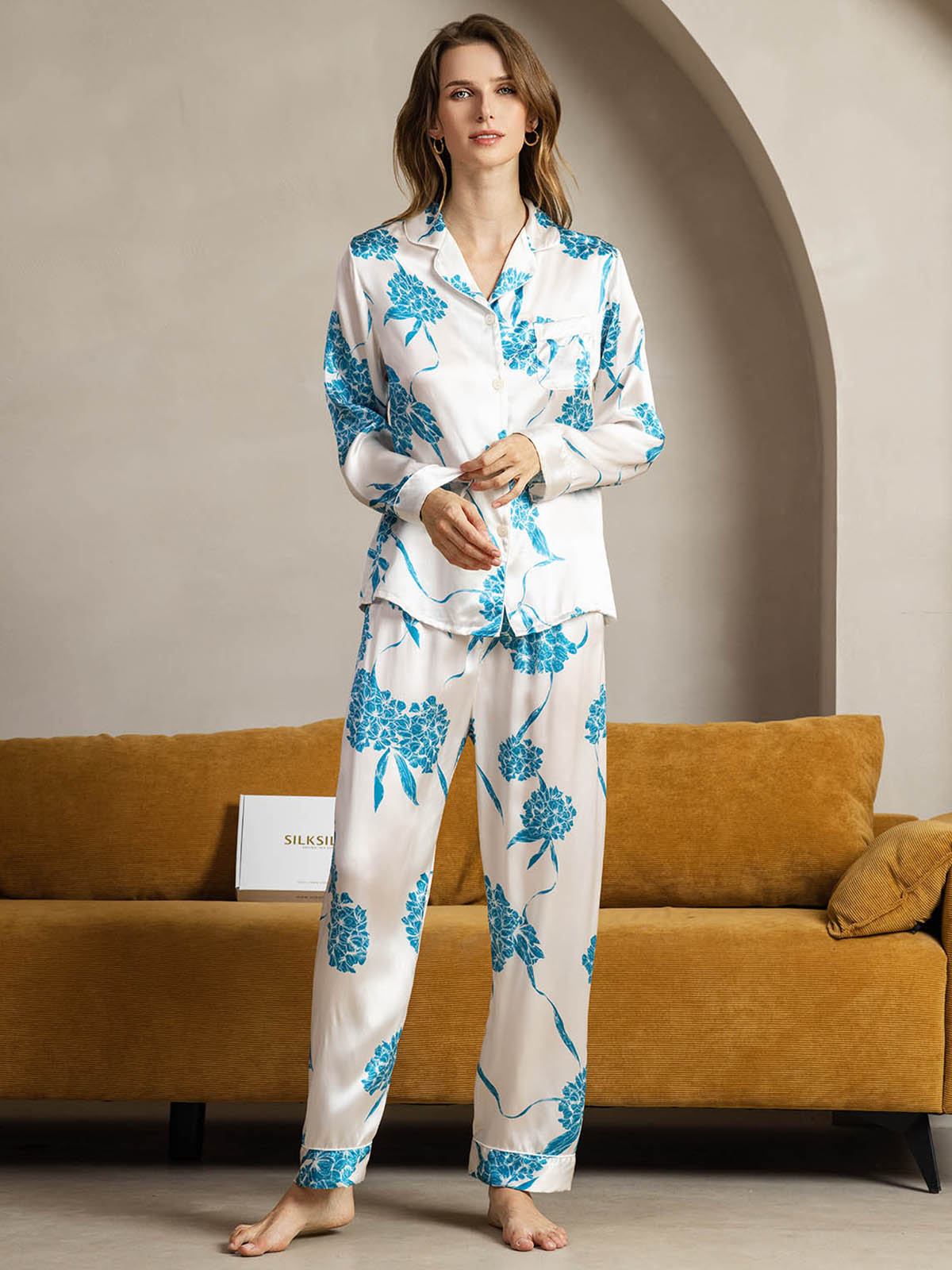 [Blå Blommor] SilkSilky-SE Rent Silke Womens Pajamas 003