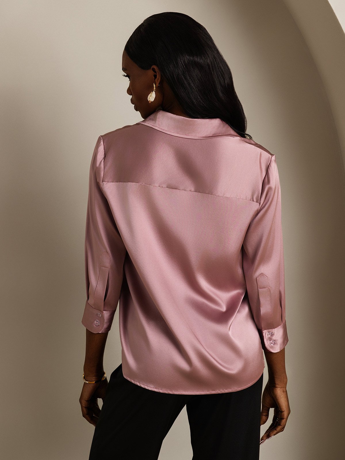 SilkSilky-SE 19Momme Silke Lång Ärm Slag Damskjorta BlekMauve 002