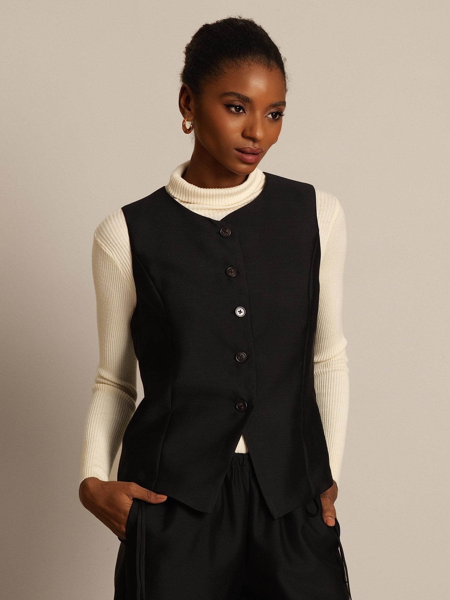 [Svart] SilkSilky-SE 32Momme Silk-Wool Blend Womens Vest 007,