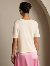 [Beige] SilkSilky-SE Kort Ärm V Ringning Dam T-Shirt 002