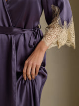 [Lila Grå] SilkSilky-SE 3/4 Sleeve V Neck Dam Nattlinne&Morgonrock Set 005