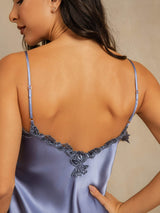 [Stålblå] SilkSilky-SE Spaghetti Strap V Neck Nattlinne 005