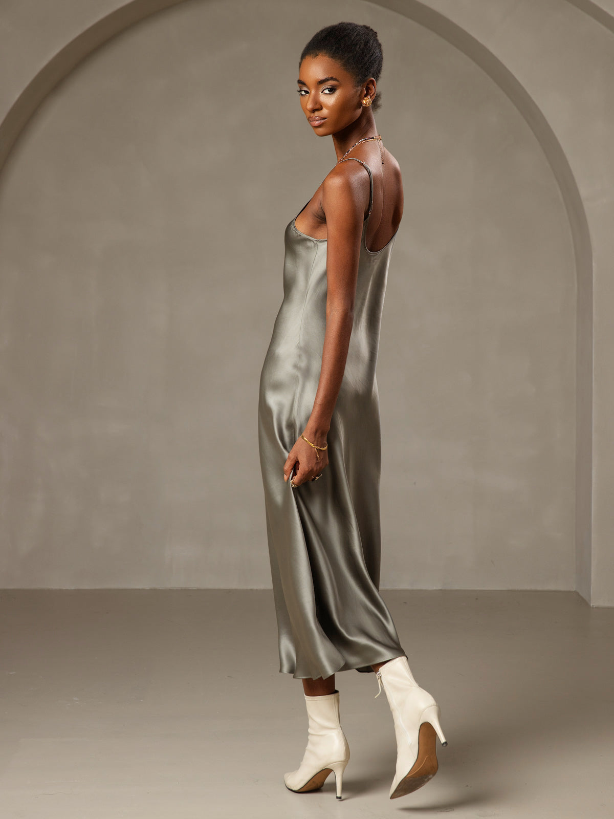 [Grågrön] SilkSilky-SE Rent Silke Dress 002,