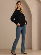 [Svart] SilkSilky-SE Long Sleeve Keyhole Neck Damblusar 007
