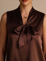 [Mörk Choklad] SilkSilky-SE Sleeveless Tie Neck Cami Toppar 004