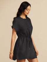 [Svart] SilkSilky-SE 18Momme Kappärm Henley-halsringning Klänning 004