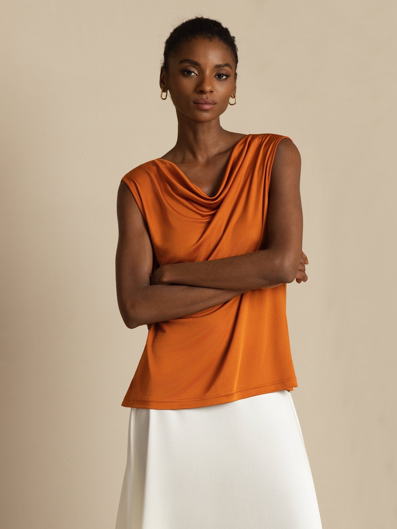 [Orange] SilkSilky-SE Ärmlös Cowl Halsringning Dam T-Shirt 003