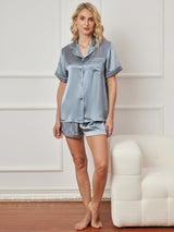 [Stålblå] SilkSilky-SE Short Sleeve Lapel Collar Dam Pyjama 003