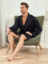 [Svart] SilkSilky-SE Rent Silke 3/4 Ärm Mens Robe 007