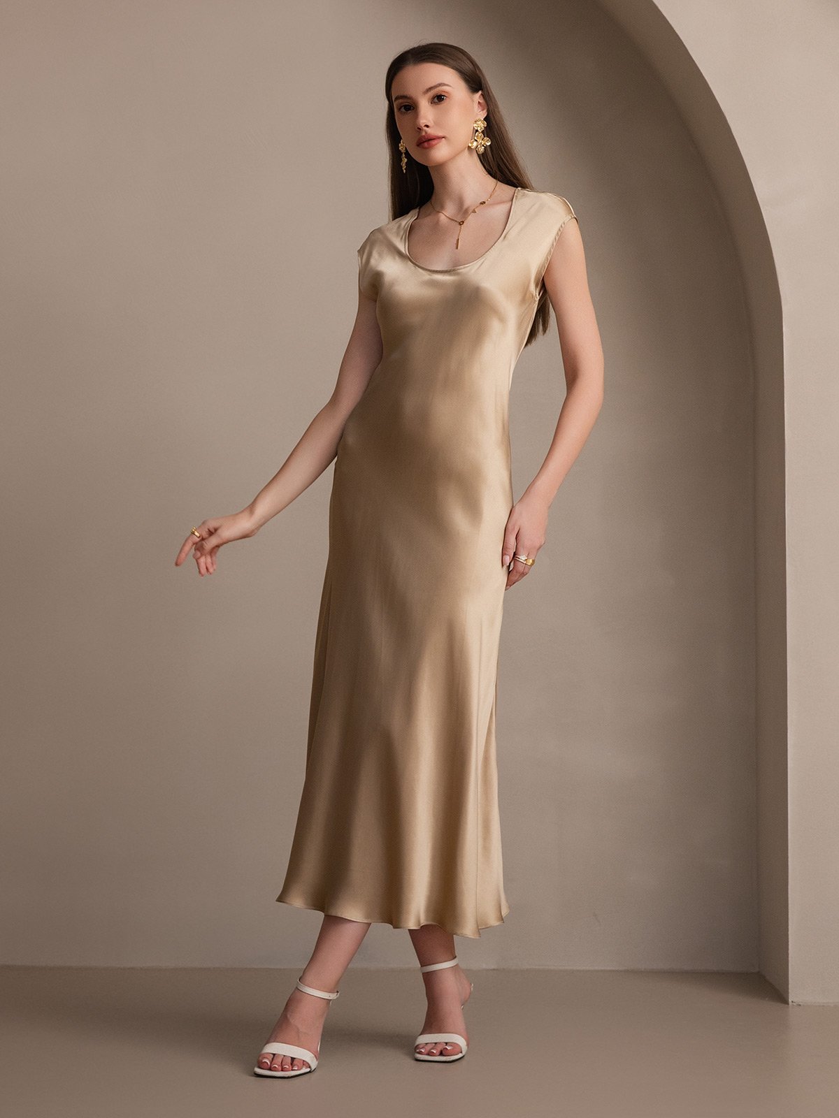 [Champagne] SilkSilky-SE 19Momme Silke Ärmlös Dress 006