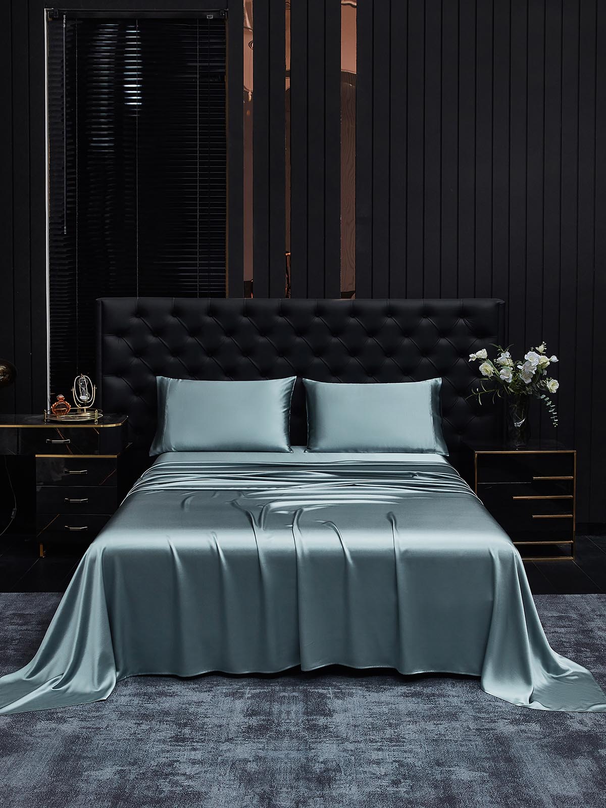 [Gråblå] SilkSilky-SE 22Momme Rent Silke Bedding Set 001