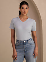 [Gråblå] SilkSilky-SE Short Sleeve V Neck Dam T-Shirt 003