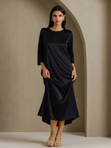 [Svart] SilkSilky-SE 3/4 Sleeve Round Neck Klänning 004