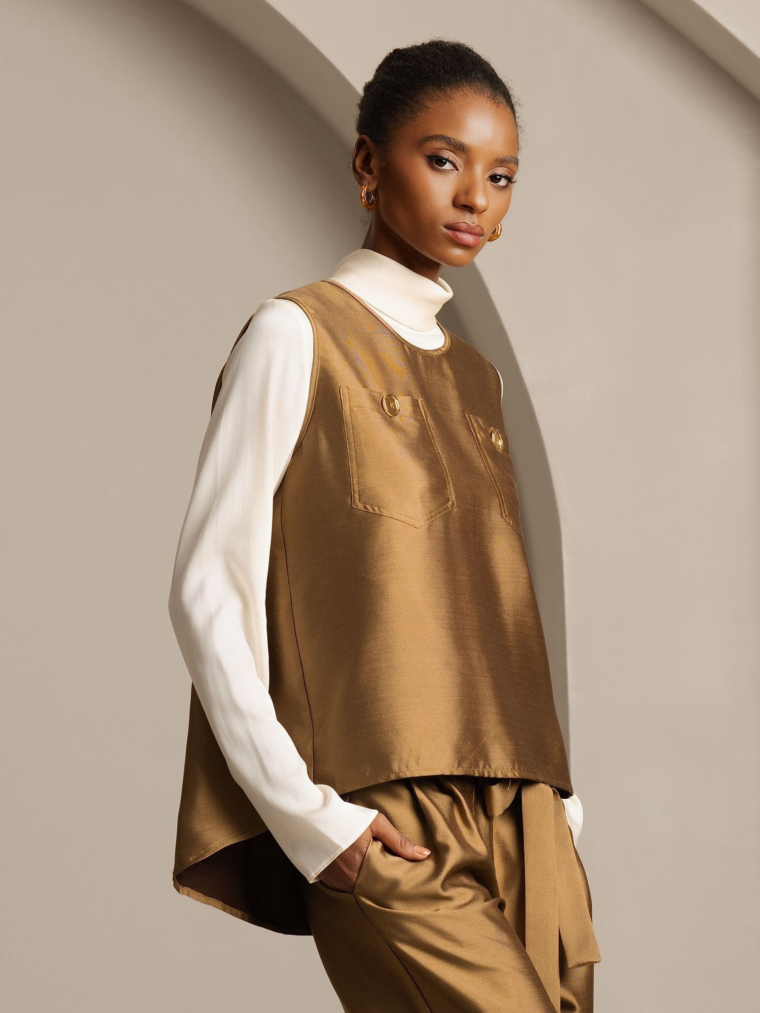 [Brons] SilkSilky-SE 32Momme Silk-Wool Blend Womens Vest 003,