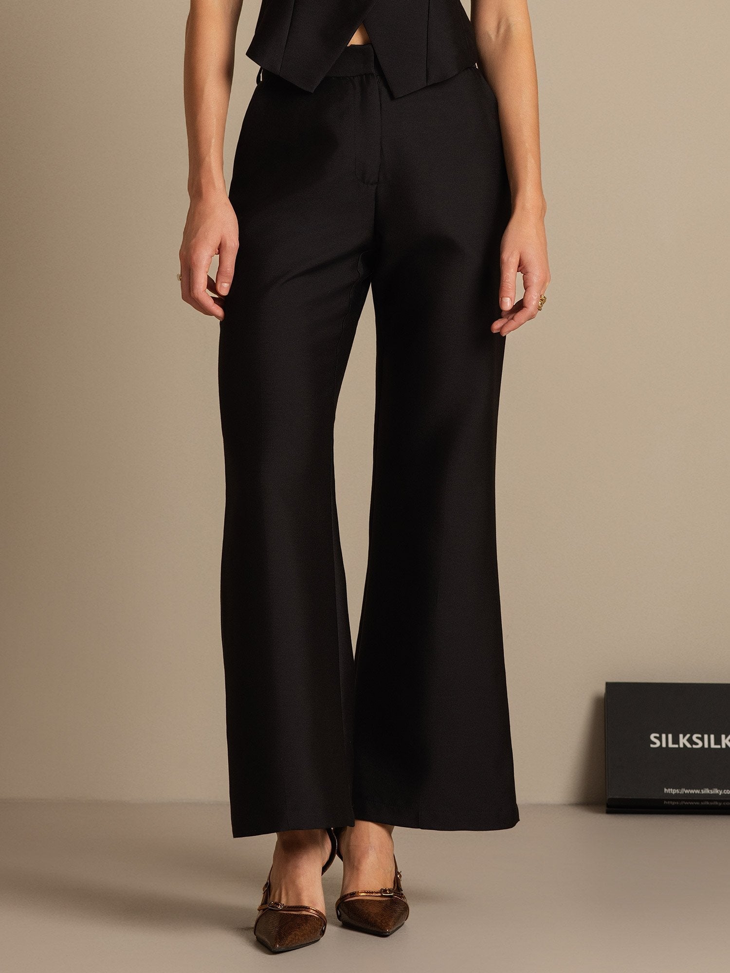 [Svart] SilkSilky-SE 32Momme Silk-Wool Blend Womens Pants 003,