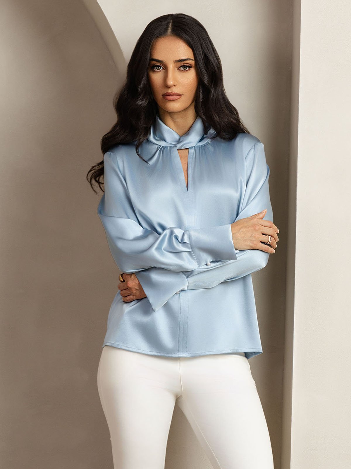 [Gråblå] SilkSilky-SE 19Momme Silke Womens Shirt 006