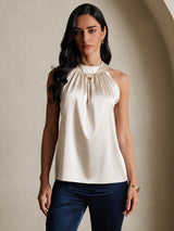 [Beige] SilkSilky-SE Sleeveless Halter Dam T-Shirt 003