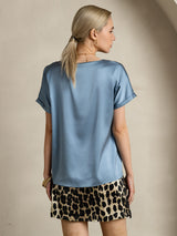 [Gråblå] SilkSilky-SE 19Momme Kort Ärm Båtringad Dam T-Shirt 002